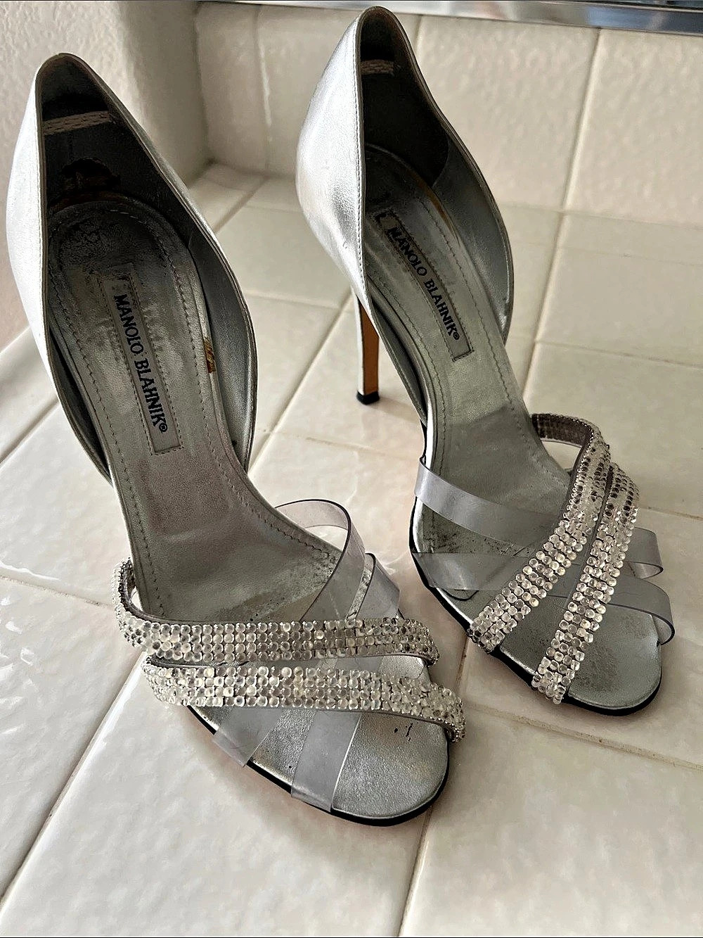 Manolo Blahnik Embellished Silver Heels EU 39